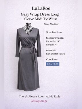 LuLaRoe Gray Wrap Dress Long Sleeve Midi Tie Waist Medium